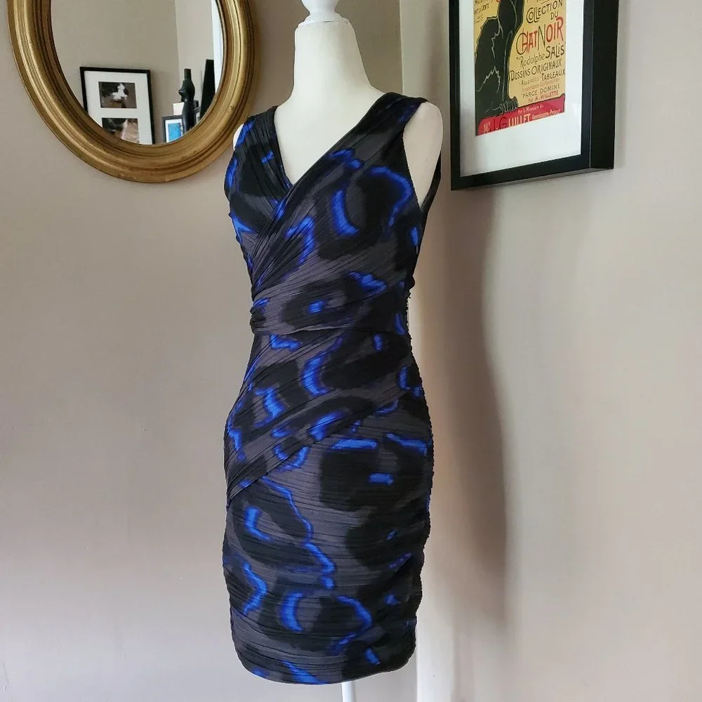 Halston Heritage Blue and Gray Pleated Dress Size 4 - Picture 4 of 16